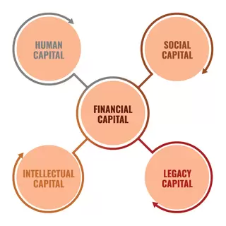 Infographic that shows human, social, intellectual and legacy capital contribute to financial capita