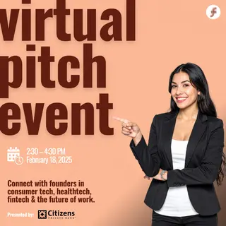 Fabric VC Virtual Pitch Event Flyer. Includes image of a businesswoman